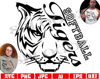 May include: Black and white graphic design of a tiger's face with the word "Tigers" and "Softball" written in a stylized font.