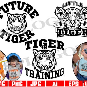May include: Black and white graphic designs featuring a tiger head with the text "Future Tiger", "Little Tiger", and "Tiger in Training".