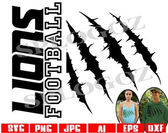 May include: Black and white graphic design featuring the words "Lions Football" with three claw marks. The design is suitable for use on apparel, decals, or other crafts.