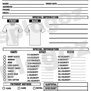 K&ouml;nnte beinhalten: Schwarz-wei&szlig; T-Shirt-Bestellformular mit Abschnitten f&uuml;r Kundeninformationen, Shirt-Stil und Zahlungsmethode. Enth&auml;lt Optionen f&uuml;r Kurzarm-, Langarm- und V-Ausschnitt-Shirts. Bereiche f&uuml;r Jugend- und Erwachsenengr&ouml;&szlig;en.