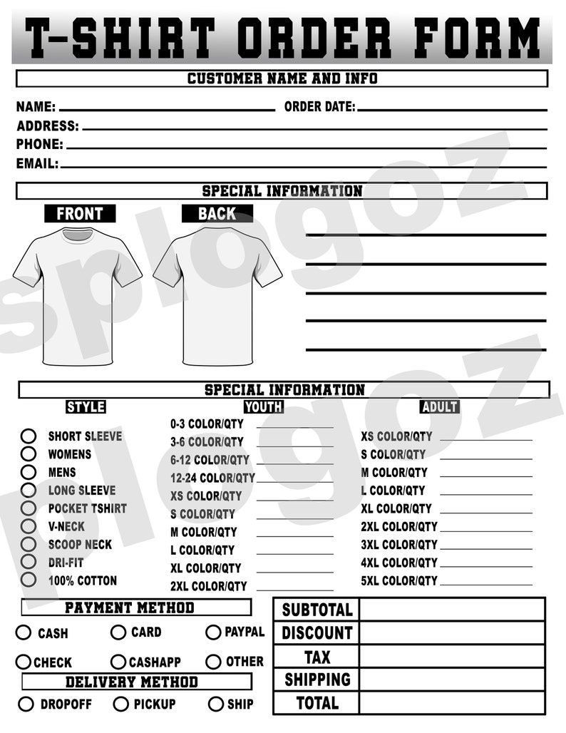 K&ouml;nnte beinhalten: Schwarz-wei&szlig; T-Shirt-Bestellformular mit Abschnitten f&uuml;r Kundeninformationen, Shirt-Stil und Zahlungsmethode. Enth&auml;lt Optionen f&uuml;r Kurzarm-, Langarm- und V-Ausschnitt-Shirts. Bereiche f&uuml;r Jugend- und Erwachsenengr&ouml;&szlig;en.