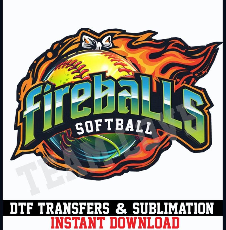 May include: A softball design with the text "Fireballs Softball" in a stylized font. The design features a yellow softball engulfed in flames, with a bow at the top. The words "DTF Transfers & Sublimation" and "Instant Download" are at the bottom.