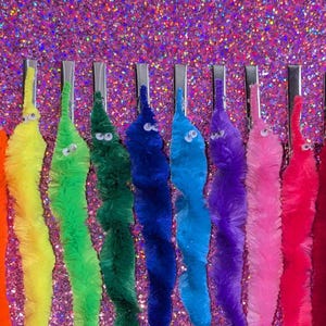 May include: A row of colorful, fuzzy worm toys in shades of yellow, green, dark green, blue, light blue, purple, pink, and red. Each worm has googly eyes and is suspended from a silver clip against a glittery purple background.