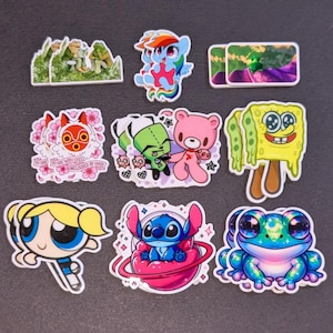 May include: A set of 10 colorful cartoon character stickers. The stickers feature characters like Spongebob Squarepants, Stitch, a frog, and a pink bear. The stickers are perfect for adding a touch of fun to laptops, water bottles, or journals.