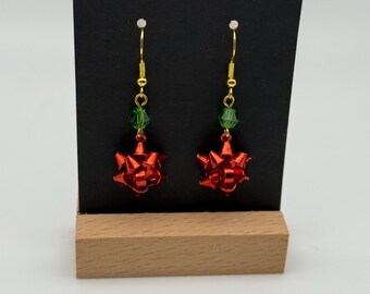 Red Bow Dangle Earrings: Green Bead Holiday Jewelry