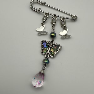 Butterfly Safety Pin Brooch: Holographic Charm Dangle, Beaded Pendant