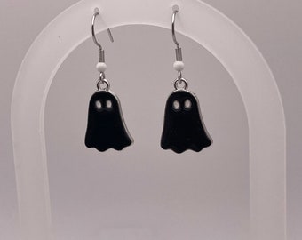 Black Ghost Charm Earrings: Hypoallergenic Silver Hooks