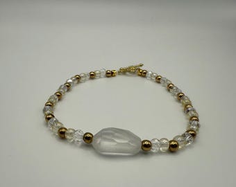 Frosted Glass Beaded Bracelet: Gold Toggle Closure, Stretchy 8"