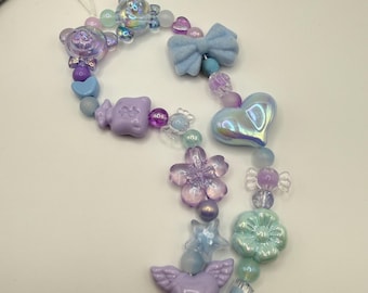 Purple and Blue Beaded Phone Charm: Kawaii Wristlet