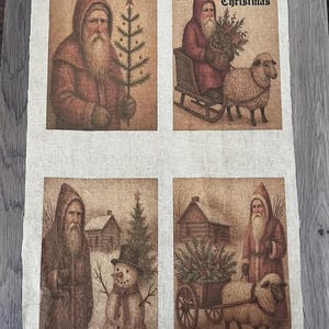 May include: A fabric panel featuring four vintage-style Christmas illustrations. Each image depicts a figure in a red hooded coat with a long white beard, accompanied by a Christmas tree, a snowman, a sheep, and a cart. The words "Merry Christmas" are visible.