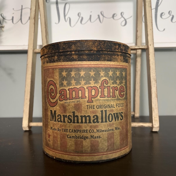 Repurposed Tin with Vintage Style Campfire Marshmallow Label