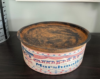 Repurposed Large Tin with Campfire Marshmallow Label