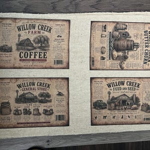 May include: Four vintage-style signs with the text "Willow Creek Farm Coffee", "Willow Creek Butter Churn", "Willow Creek General Store", and "Willow Creek Feed and Seed". Each sign has a rustic, aged appearance with illustrations.