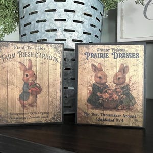May include: Two vintage-style wooden signs with black frames. The left sign features a cartoon bunny holding a basket of carrots and the text "Field-To-Table FARM FRESH CARROTS Homegrown 100% Organic Everybunny's favorite snack". The right sign features two cartoon bunnies holding a basket of flowers and the text "Granny Pickens. PRAIRIE DRESSES The Best Dressmaker Around Established 1874".
