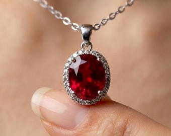 ルビーペンダントネックレス、オーバルルビーネックレス、925スターリングシルバールビーペンダント、7月の誕生石ネックレス、ルビーハローペンダント