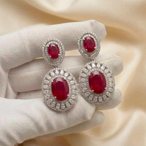 Luxury Ruby Red Oval Drop Earrings with Diamond Halo Setting