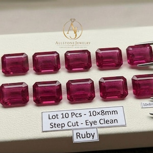 Lot of 10 Ruby Gemstones 10x8mm Emerald Step Cut | Eye Clean Loose Ruby Stones | Deep Pink Red Ruby for Jewelry Making