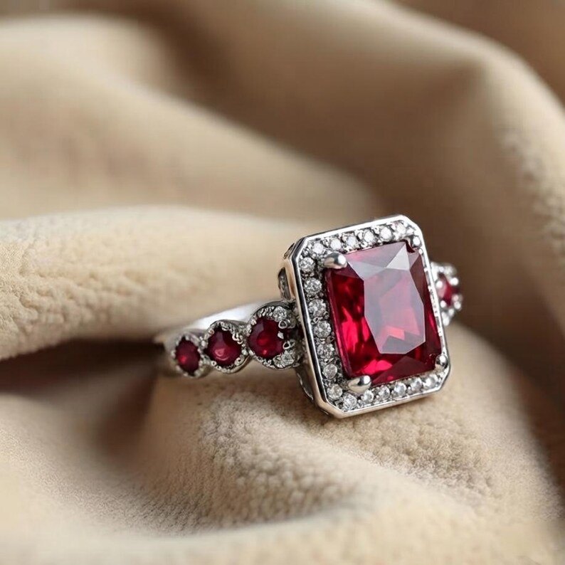 K&ouml;nnte beinhalten: Ein silberfarbener Ring mit einem gro&szlig;en, rechteckigen, facettierten roten Edelstein in der Mitte, umgeben von einem Kranz aus kleinen, klaren, funkelnden Steinen. Die Ringschiene ist mit weiteren runden roten und kleinen klaren Steinen besetzt.