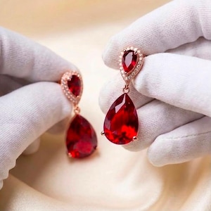Double Pear Drop Earrings, Red Teardrop Dangle Jewelry, Rose Gold Ruby Color Earrings, Statement Wedding Earrings