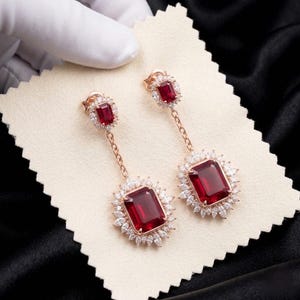 Ruby Red Dangle Earrings, Lab Created Ruby Earrings, Rose Gold Drop Earrings, Emerald Cut Ruby Jewelry, Halo Statement Earrings Gift