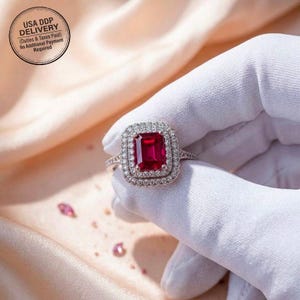 Anillo de rubí talla esmeralda, anillo de doble halo de plata de ley 925, anillo de gema roja radiante, anillo de compromiso Art Déco vintage