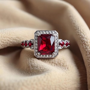 Emerald Cut Ruby Ring, Ruby Engagement Ring, 925 Sterling Silver Ring, July Birthstone Ring, Vintage Halo Ring, Promise Ring Gift for Her