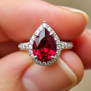 Op de afbeelding: Een zilverkleurige ring met een grote, peervormige, dieprode edelsteen in het midden. De centrale steen is omringd door een halo van kleine, heldere, rondgeslepen witte steentjes, met extra witte steentjes gezet langs de ringband.