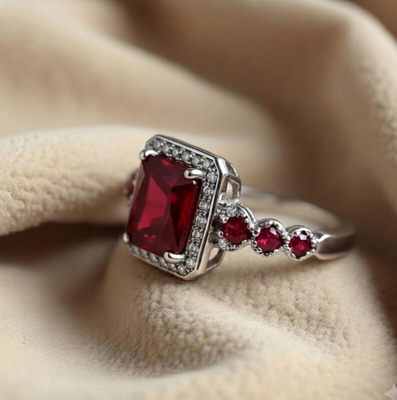 K&ouml;nnte beinhalten: Ein silberfarbener Ring mit einem gro&szlig;en, rechteckigen, tiefroten Mittelstein, der von einem Kranz aus kleinen, klaren, funkelnden Steinen umgeben ist. Die Ringschiene ist mit drei weiteren runden, tiefroten Steinen an jeder Seite verziert.