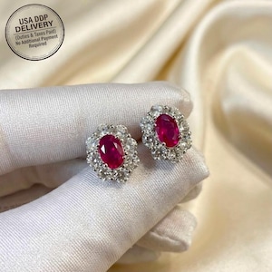 Pendientes de rubí, pendientes de rubí de talla ovalada, pendientes de rubí solitario, pendientes de piedras preciosas rojas, pendientes chapados en oro, joyas de la piedra natal de julio