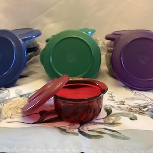 May include: A collection of colorful plastic containers with lids. The lids are in blue, green, and purple. A small, red glass bowl with a matching lid is in the foreground. The items are arranged on a floral patterned surface.