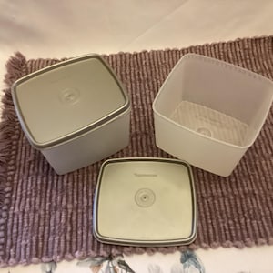 Puede incluir: Tres recipientes Tupperware: dos cuadrados, uno con tapa. Los recipientes son de color gris claro con un borde gris más oscuro. La tapa es plana y cuadrada. Los recipientes están sobre una alfombra texturizada y con flecos de color malva.