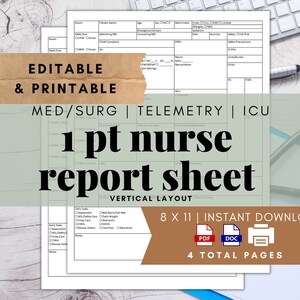 1 patient Nurse Report Sheet, ER Report Sheet, Nurse Brain, Day Night NOC Shift, Handoff, RN, Er, Ed, Editable, Printable, Digital Download