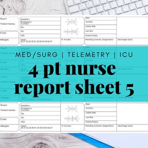 Pode incluir: Uma folha azul turquesa com o texto "MED/SURG | TELEMETRY | ICU" e "4 pt nurse report sheet 5" em negrito preto. A folha é dividida em quatro seções, cada uma com cabeçalhos para "Room", "Patient Name", "Isolation", "Emergency Contact", "Dx", "Hx", "Code", "MD", "Allergies", "Meds", "IV Access", "Diet", "Activity", "Safety Risk", "Last BM", "Drains/Tubes", "Pending Consults, Diagnostics", e "Discharge Goal".