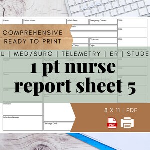 ICU Horizontal Nurse Report Sheet, 1 Patient, Nurse Brain, Handoff, Day shift, Night/NOC Shift, PDF, Printable, Digital Download