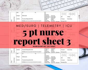 May include: A white report sheet with a red overlay that says "5 pt nurse report sheet 3" in bold black text. The sheet is divided into columns with headings such as "Patient Name", "Code", "Allergies", "Isolation", "Procedures/Diagnostics/Tests", "Dr", "Hr", "Neurochecks", "Assessment", "Tele Strips", "ADU/Safety Core", "Daily Weight", "Foley Care", "Restraints", "NHSS", "Bed Alarms", "Fall Mat", "Care Plan", "Education", "Diet", "IV Access", "Discharge Plan", "Activity", "Drains/Tubes".