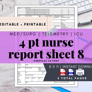 Med/Surg 4 Patient Nurse Report Sheet, Nurse Brain, Editable Nurse Report Sheet, Handoff, RN, LVN, Telemetry, Printable, Digital Download