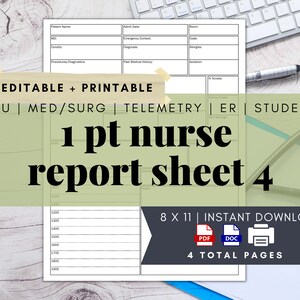 ICU Vertical Nurse Report Sheet, 1 Patient, Nurse Brain, Handoff, Editable, Night/NOC Shift, PDF, Printable, Digital Download, Letter Size