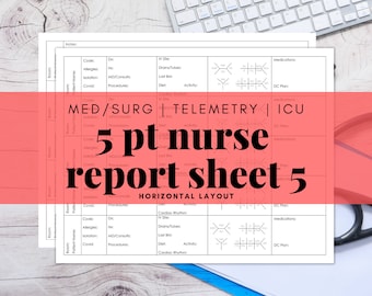 Med/Surg 5 Patient Horizontal Nurse Report Sheet, Nurse Brain, Day Night NOC Shift, Handoff, RN, LVN, Telemetry, Printable, Digital Download