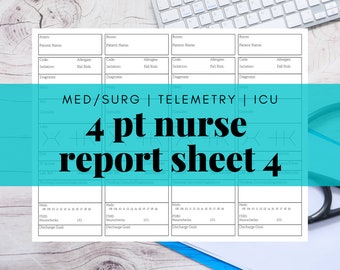 nursing report sheet cardiac Med/Surg 4 Patient Nurse Report Sheet, Nurse Brain, Day Night NOC Shift, Handoff, RN, LVN, Telemetry, Printable, Digital Download