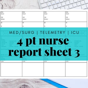 Med/Surg 4 Patient Nurse Report Sheet, Nurse Brain, Day Night NOC Shift, Handoff, RN, LVN, Telemetry, Printable, Digital Download