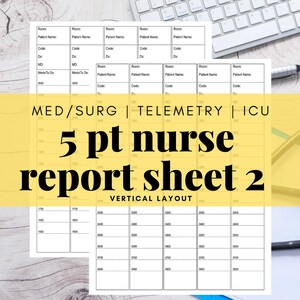 Med/Surg 5 Patient Nurse Report Sheet, Nurse Brain, Day Night NOC Shift, Handoff, RN, LVN, Telemetry, Printable, Digital Download