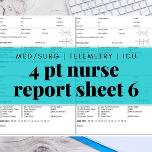 Pode incluir: Uma folha de relatório de enfermagem azul e branca com o texto "4 pt nurse report sheet 6" em letras pretas grandes. A folha é dividida em três seções: MED/SURG, TELEMETRY e ICU. Cada seção tem uma lista de verificação de itens a serem avaliados, incluindo sinais vitais, alarmes de cama, peso diário, restrições e educação.