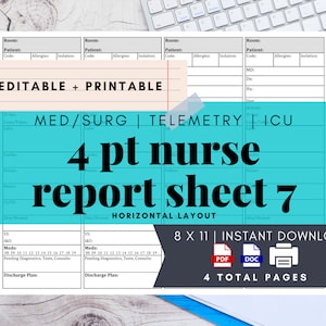Med/Surg 4 Patient Nurse Report Sheet, Nurse Brain, Editable Nurse Report Sheet, Handoff, RN, LVN, Telemetry, Printable, Digital Download