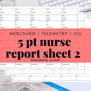 Med/Surg 5 Patient Horizontal Nurse Report Sheet, Nurse Brain, Day Night NOC Shift, Handoff, RN, LVN, Telemetry, Printable, Digital Download