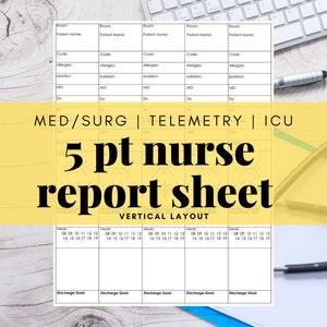 Med/Surg 5 Patient Nurse Report Sheet, Nurse Brain, Day Night NOC Shift, Handoff, RN, LVN, Telemetry, Printable, Digital Download