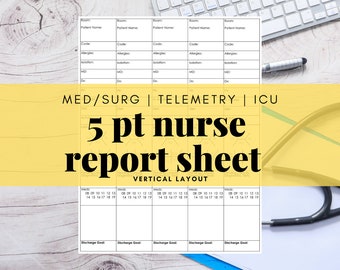 Med/Surg 5 Patient Nurse Report Sheet, Nurse Brain, Day Night NOC Shift, Handoff, RN, LVN, Telemetry, Printable, Digital Download