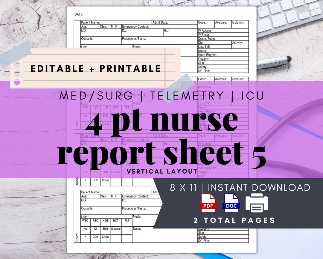 Med/surg 4 Patient Nurse Report Sheet Nurse Brain Editable Etsy
