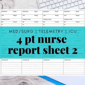 Pode incluir: Uma folha de relatório de enfermagem para 4 pacientes, imprimível, azul e branca, com seções para informações do paciente, sinais vitais, medicamentos e metas de alta. A folha é intitulada "4 pt nurse report sheet 2".