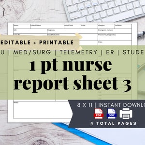 ICU Horizontal Nurse Report Sheet, 1 Patient, Nurse Brain, Handoff, Editable, Critical Care, PDF, Printable, Digital Download, Letter Size