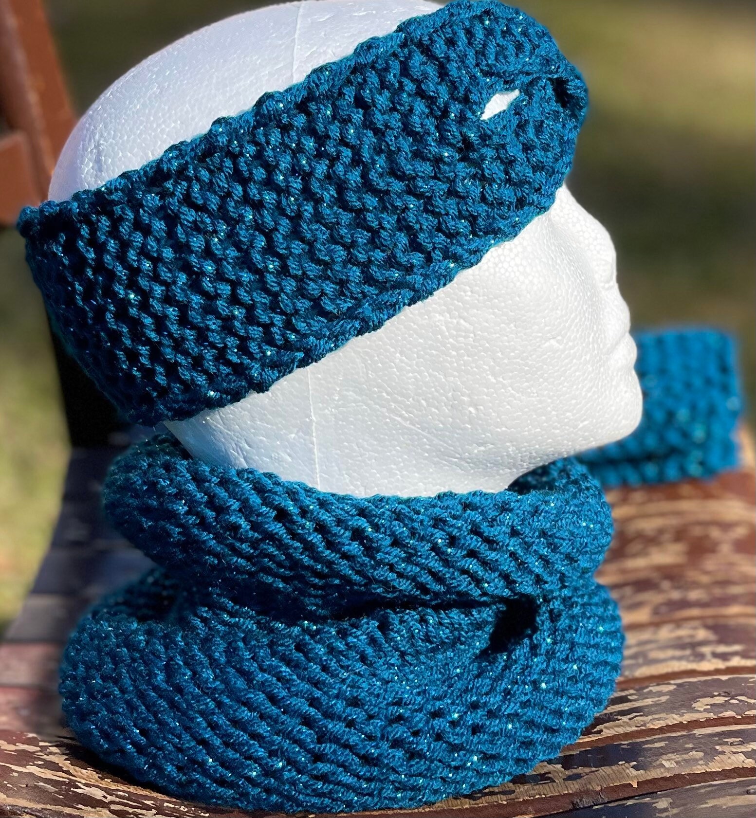 Handmade Hand Crafted Knit Headband Cowl Fingerless Gloves 3 piece Set ?Easy knit fingerless gloves that can be knit on straight  main image 2